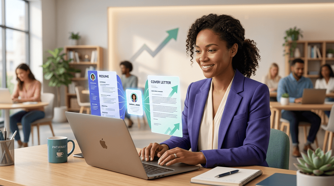 A career coach on a laptop showing a resume and a matching cover letter generated from one profile