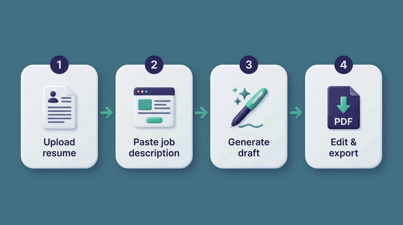 Four-step flow of an AI cover letter generator: upload resume, paste job description, generate draft, edit and export