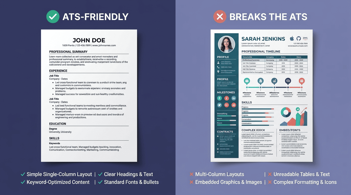 Comparison of ATS-friendly single-column formatting versus multi-column, table-heavy formatting that breaks the ATS