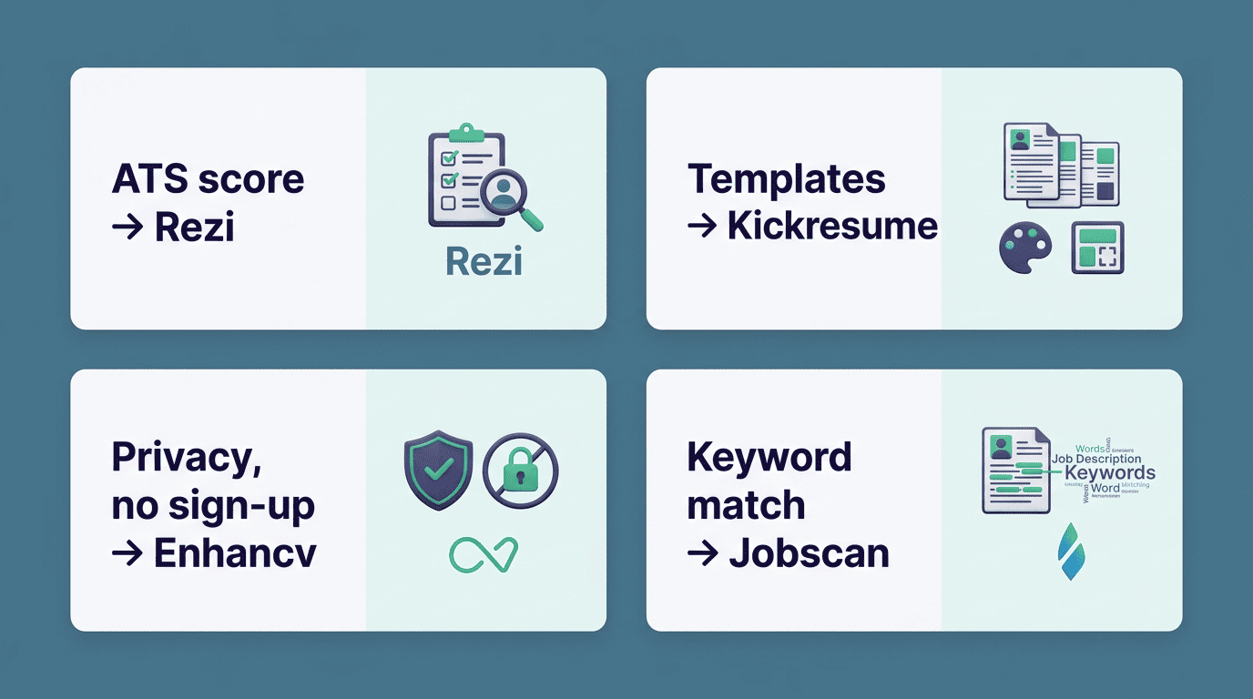 Matrix matching each priority to a tool: ATS score to Rezi, templates to Kickresume, privacy to Enhancv, keyword match to Jobscan