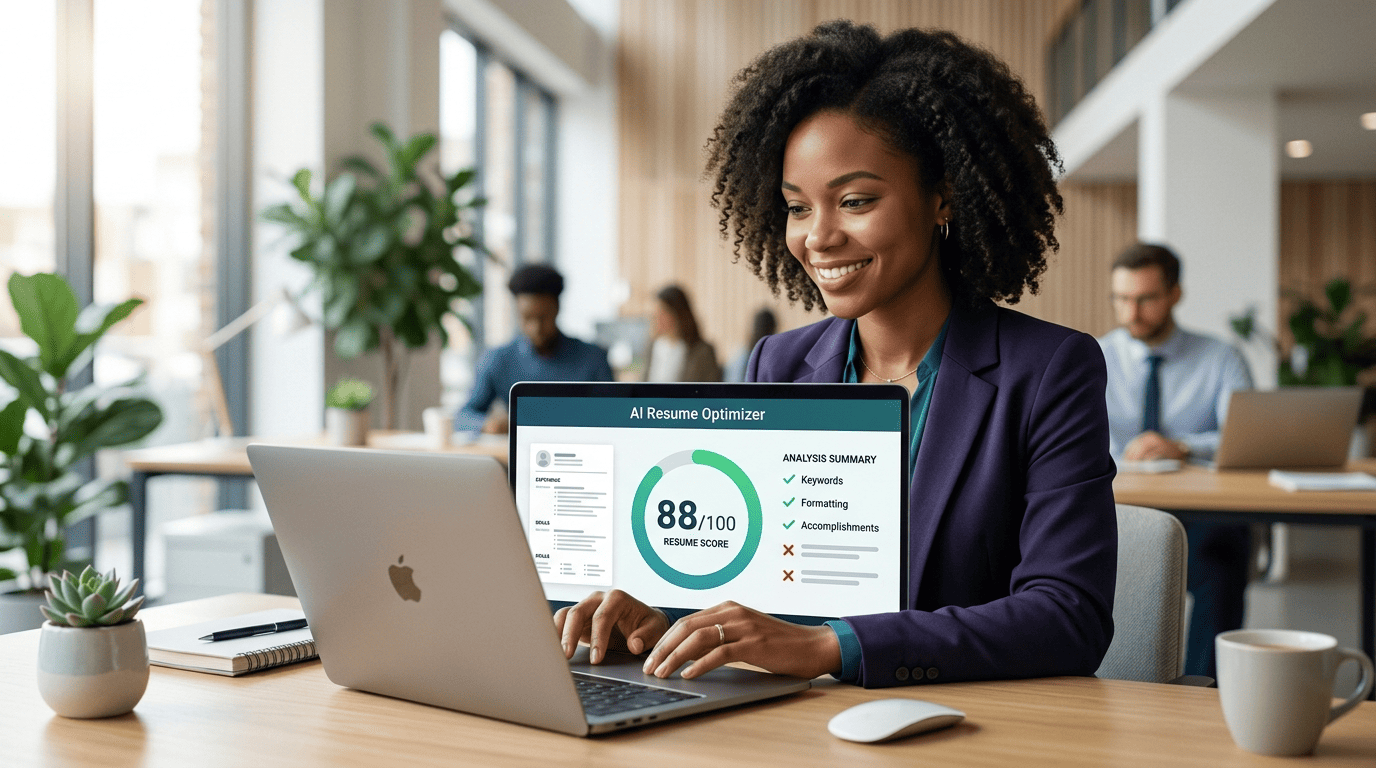 A job seeker viewing an AI resume checker showing a resume score of 88 out of 100 with keyword and formatting checks