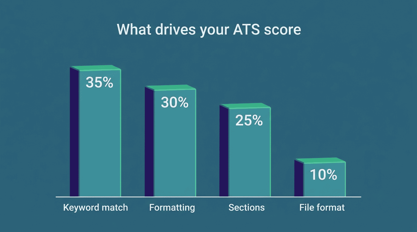 Bar chart of ATS score weights: keyword match 35%, formatting 30%, sections 25%, file format 10%