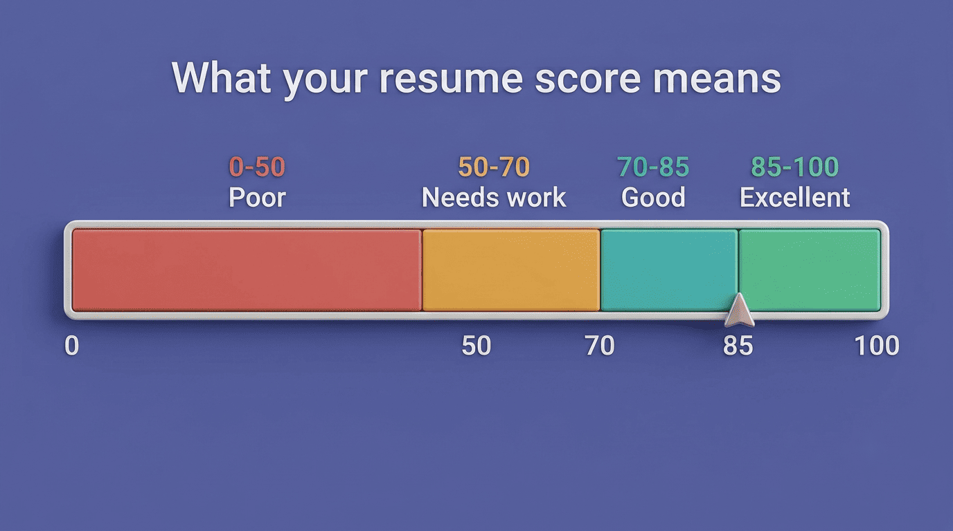 Resume score bands: 0-50 poor, 50-70 needs work, 70-85 good, 85-100 excellent