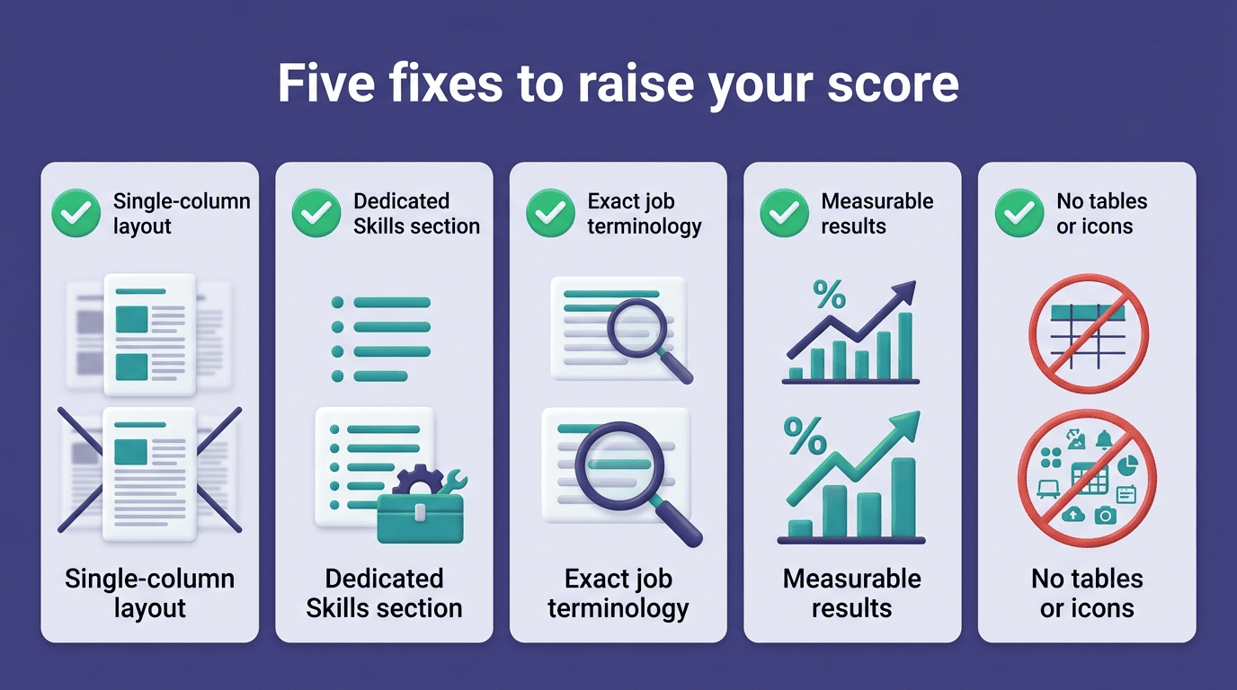 Five fixes to raise your resume score: single-column layout, dedicated skills section, exact job terminology, measurable results, no tables or icons