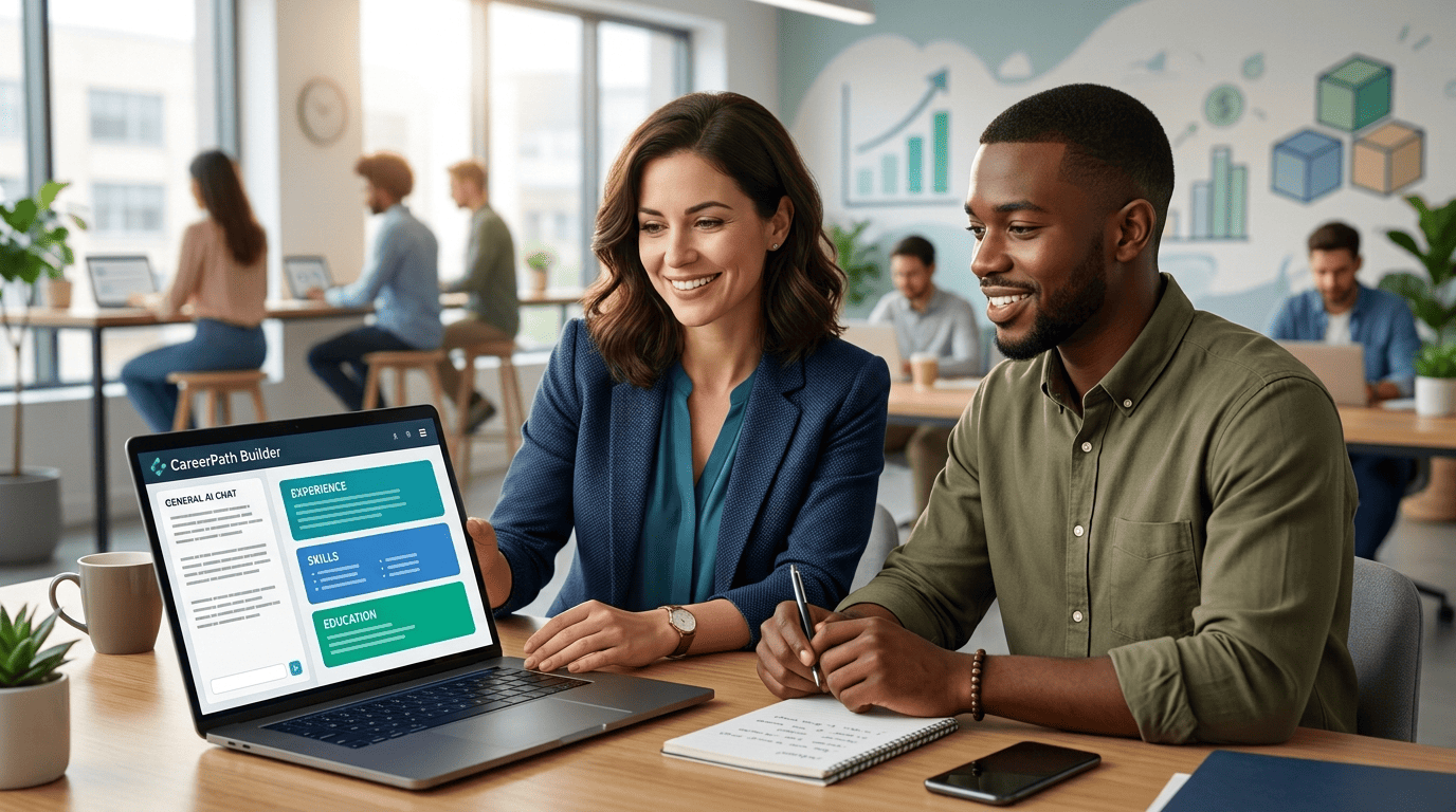 A career coach and a job seeker assembling a resume block by block in a dedicated builder app versus a general chat tool