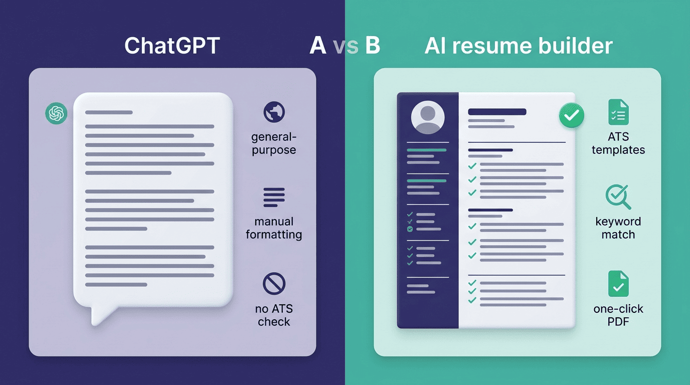 Side-by-side comparison of ChatGPT and an AI resume builder across general-purpose writing, formatting, ATS checks, keyword match, and PDF export