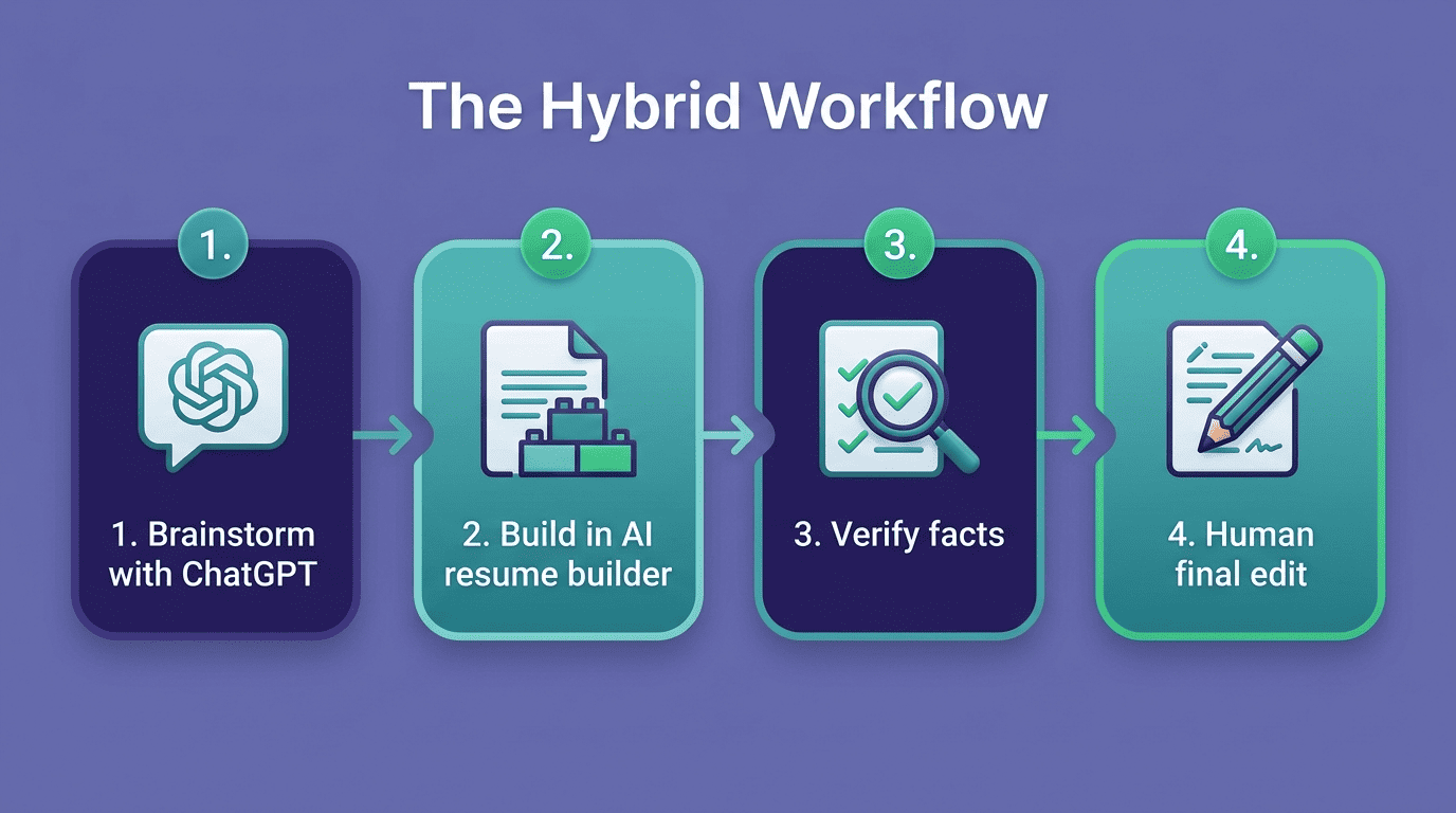 Four-step hybrid workflow: brainstorm with ChatGPT, build in an AI resume builder, verify facts, human final edit
