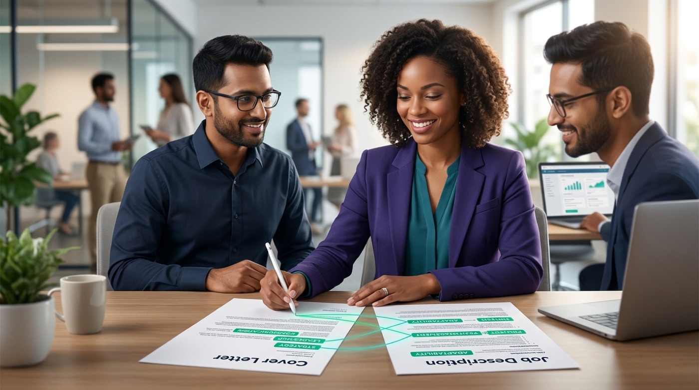 A cover letter tailored to a job posting, with matching skills and keywords highlighted in gold