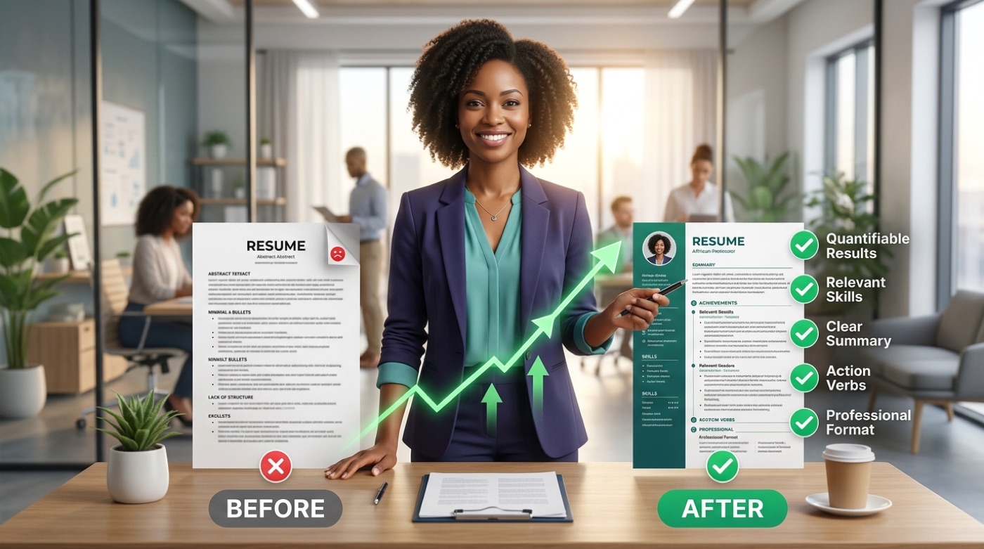 A before-and-after comparison of a weak resume versus a strong one, with green checkmarks on the improvements