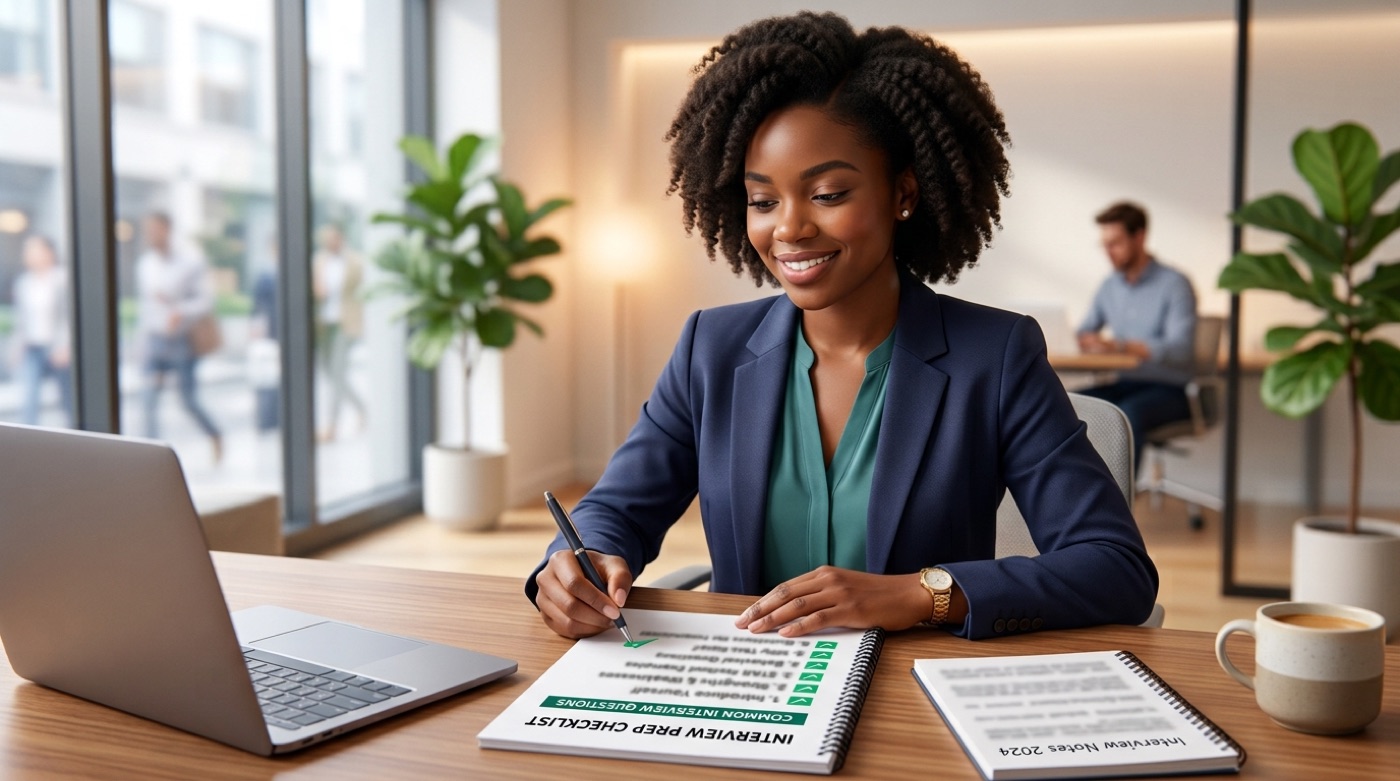 An interview prep checklist with common questions and green checkmarks beside a calm, prepared candidate