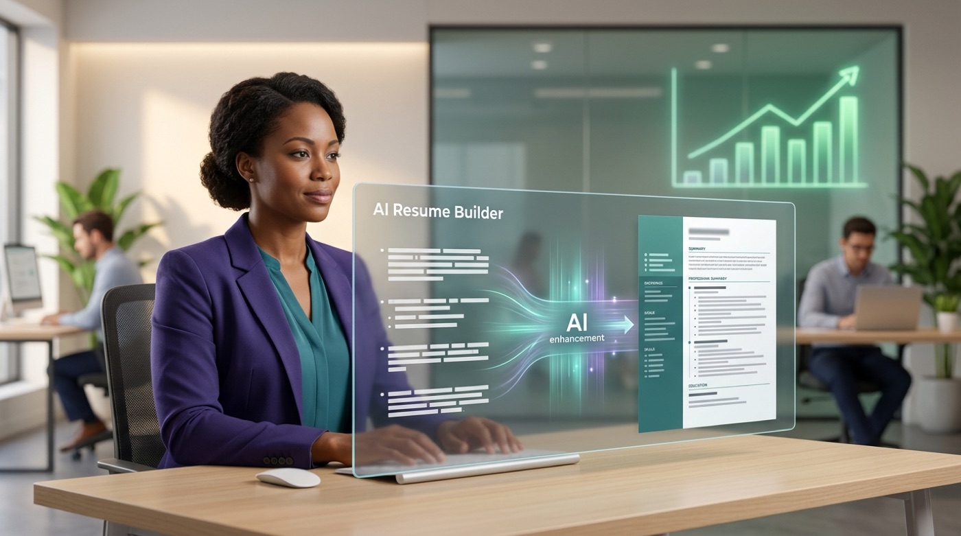 An AI resume builder turning rough notes into a polished, ATS-ready resume with an upward career chart