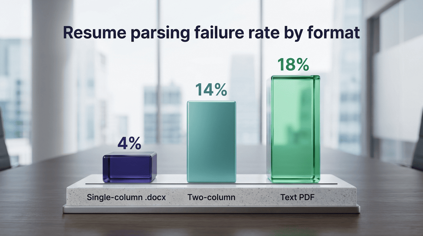Bar chart of resume parsing failure rates: single-column .docx 4%, two-column 14%, text PDF 18%