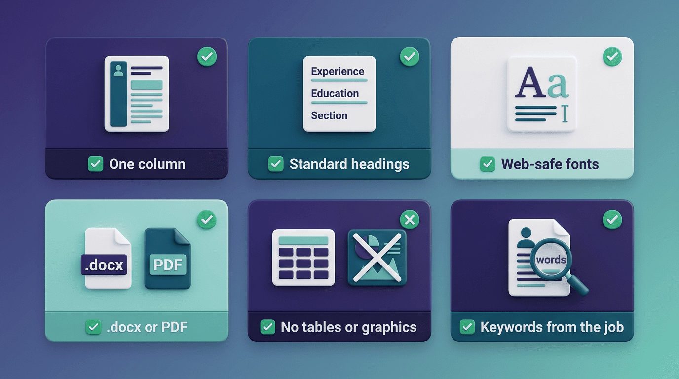 Checklist of ATS-friendly resume rules: one column, standard headings, web-safe fonts, .docx or PDF, no tables or graphics, keywords from the job