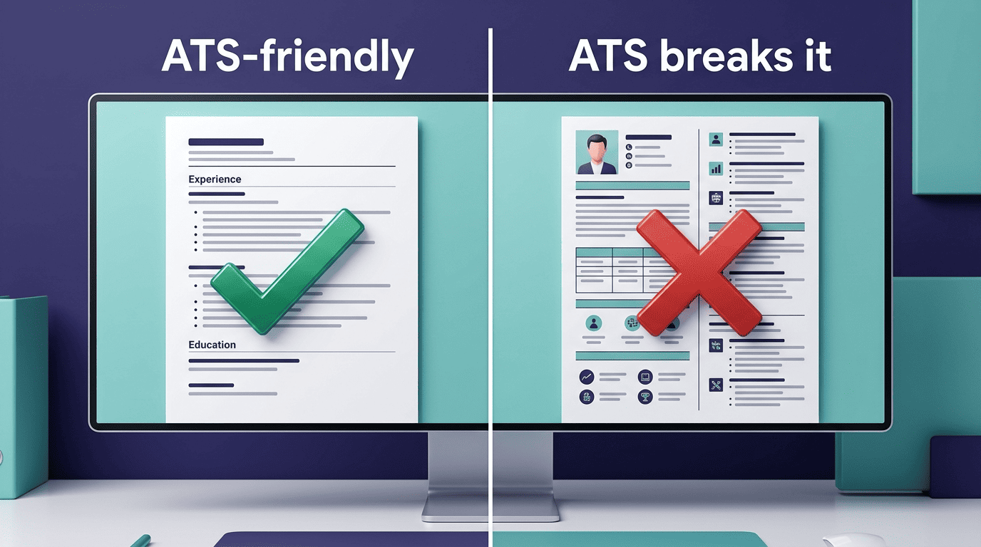 Side-by-side comparison of an ATS-friendly single-column resume versus a two-column resume that breaks parsing