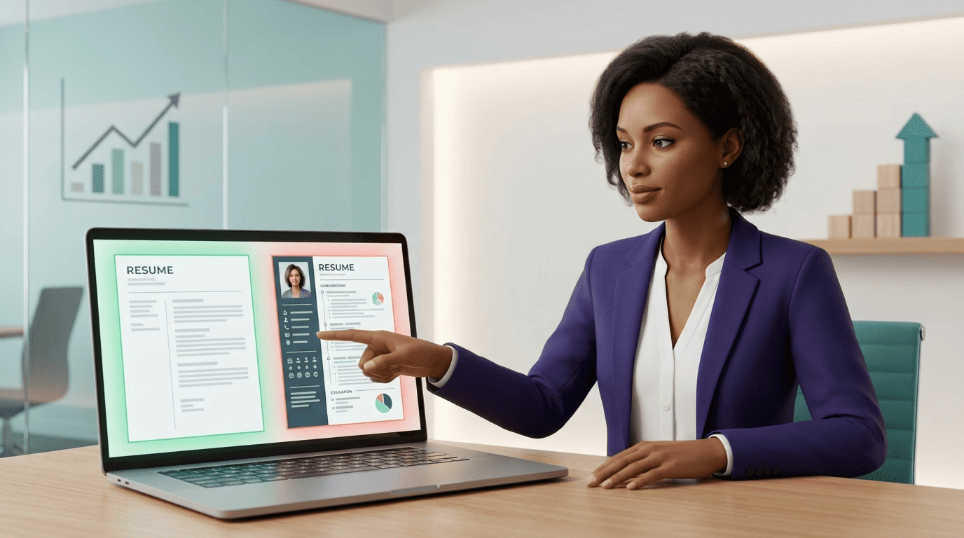 A professional comparing a clean single-column resume template against a cluttered two-column one on a laptop