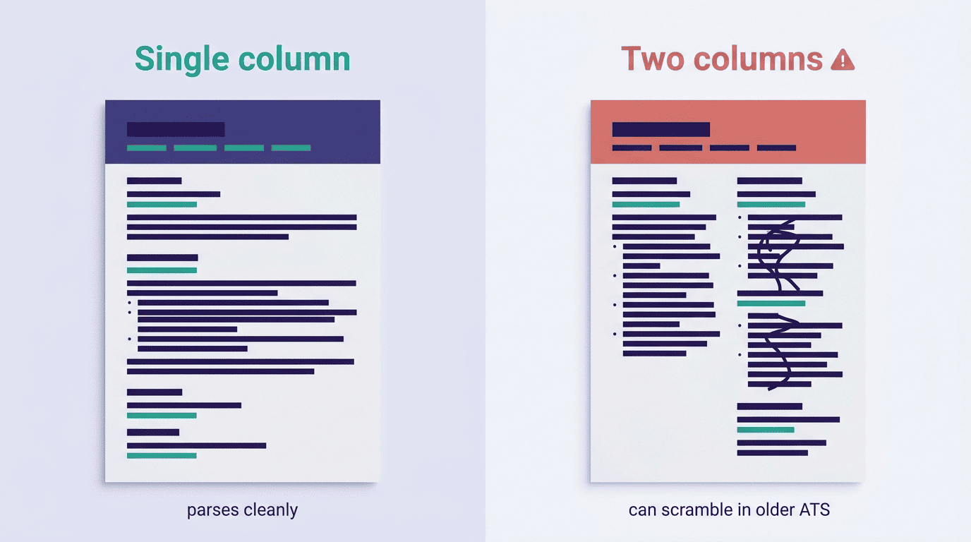 Comparison of a single-column resume that parses cleanly and a two-column resume whose text scrambles in older ATS