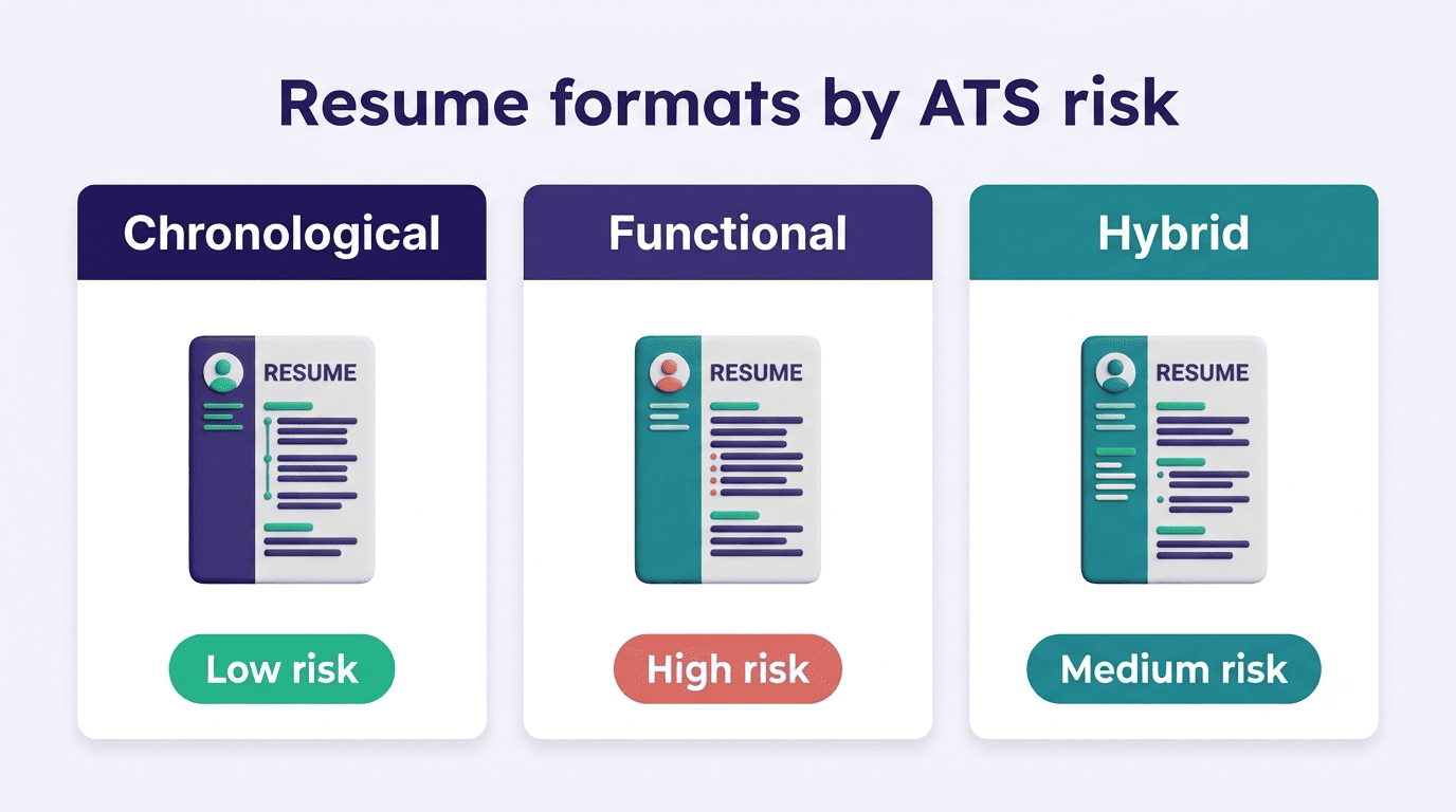 Resume formats ranked by ATS risk: chronological low risk, functional high risk, hybrid medium risk