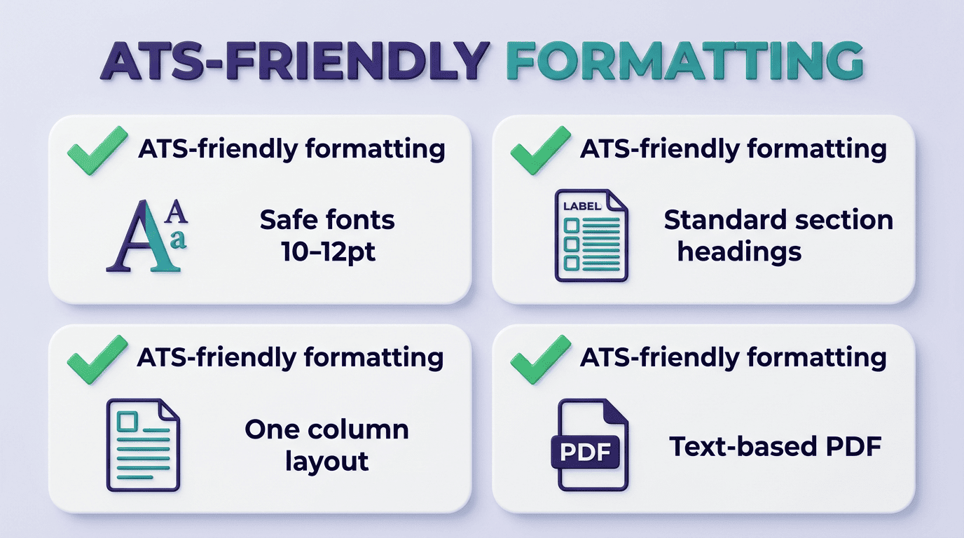 Checklist of ATS-friendly formatting: safe fonts 10-12pt, standard section headings, one-column layout, text-based PDF