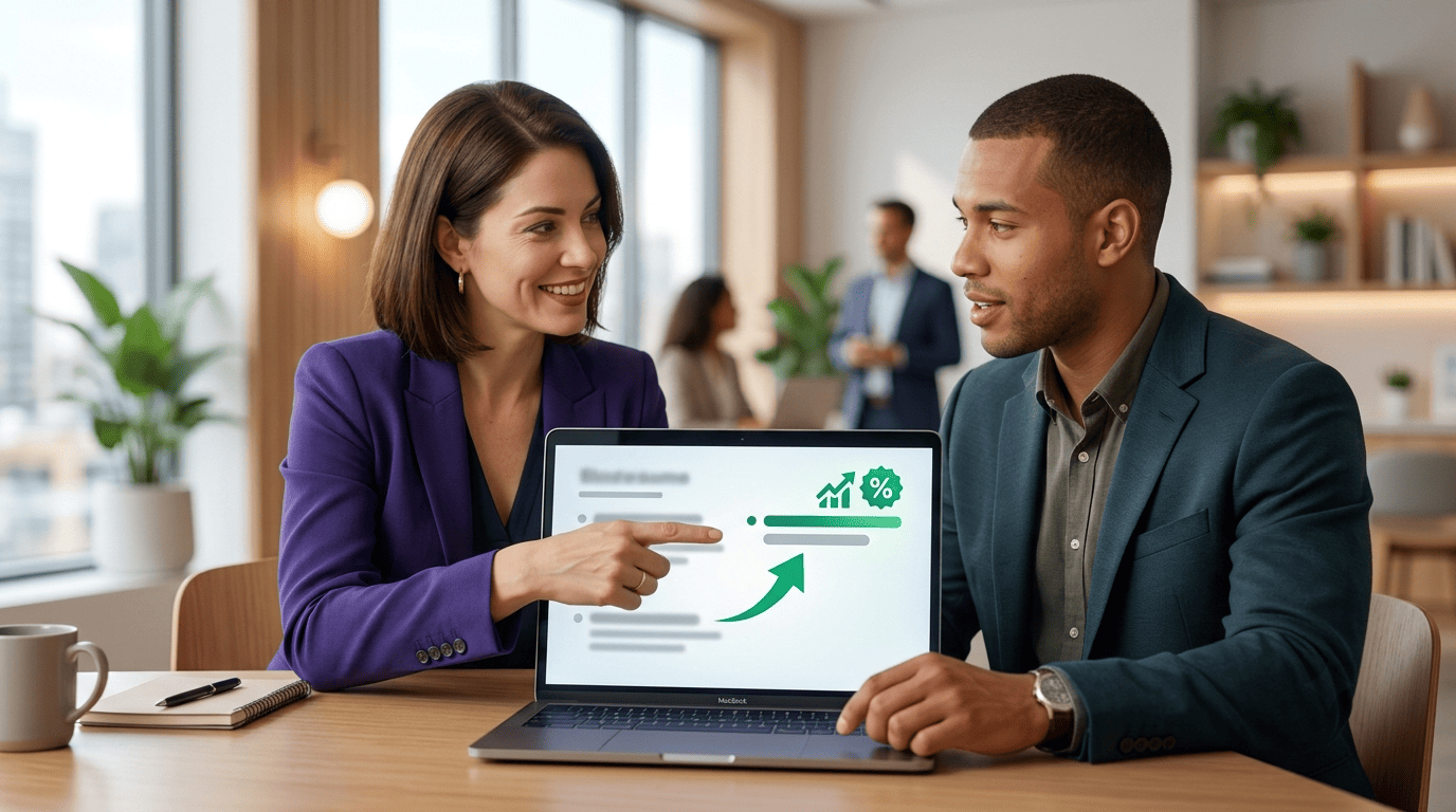 A career coach showing a job seeker how a plain resume duty upgrades into a measurable achievement
