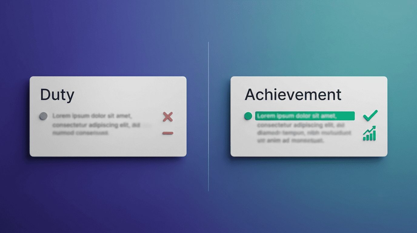 Side-by-side comparison of a plain duty bullet versus a quantified achievement bullet