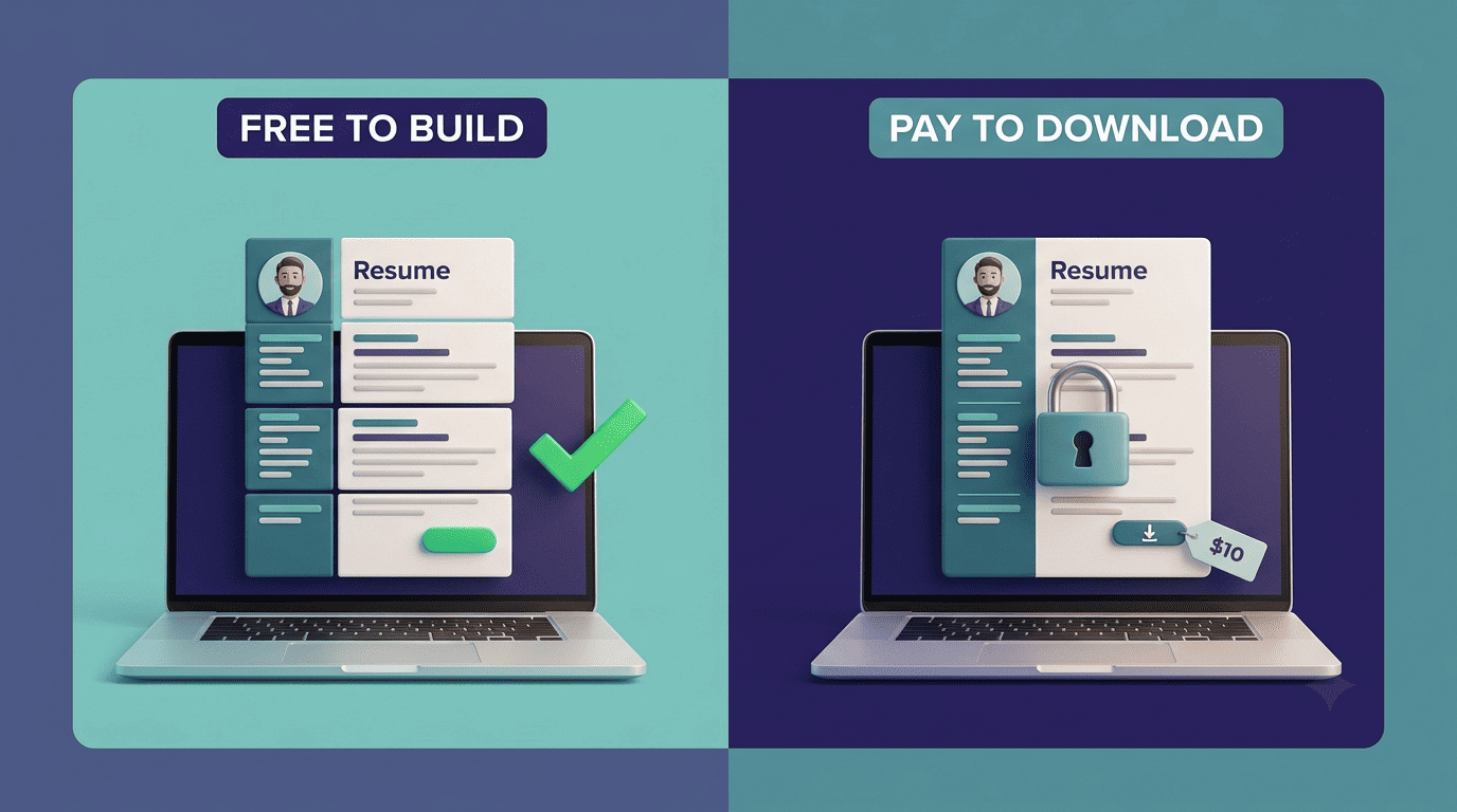 Split comparison: a resume is free to build on the left, but the download button is locked behind a padlock and price tag on the right