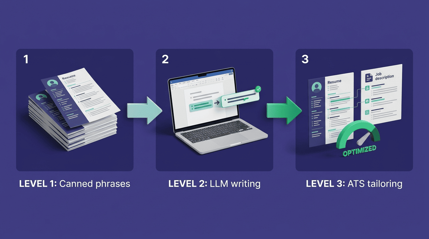 Three levels of AI in resume tools: Level 1 canned phrases, Level 2 LLM writing, Level 3 ATS tailoring and scoring