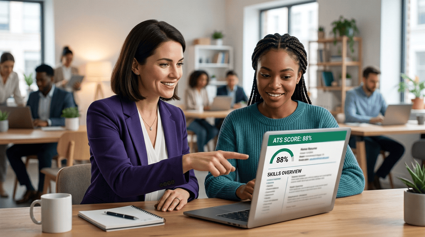 A career coach points at a laptop showing a resume with an ATS score gauge while helping a job seeker