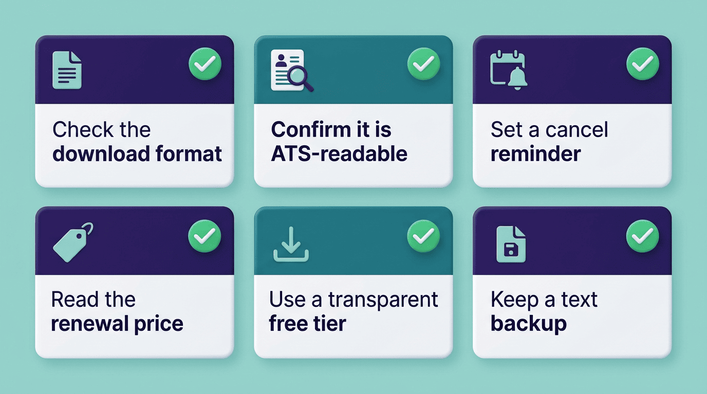 Checklist of six steps to stay free: check the download format, confirm ATS-readable, set a cancel reminder, read the renewal price, use a transparent free tier, keep a text backup