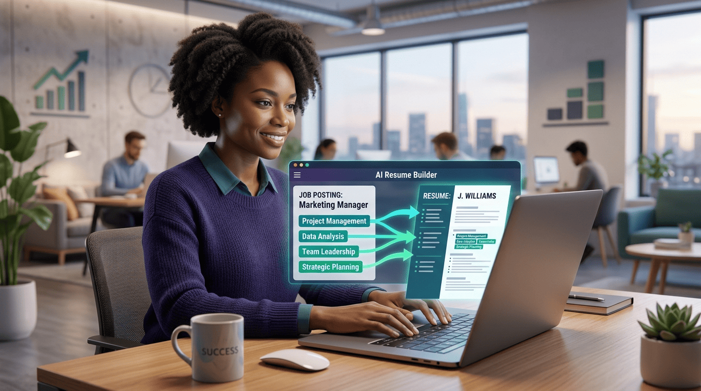 AI resume builder pulling highlighted keywords from a job posting into a tailored resume