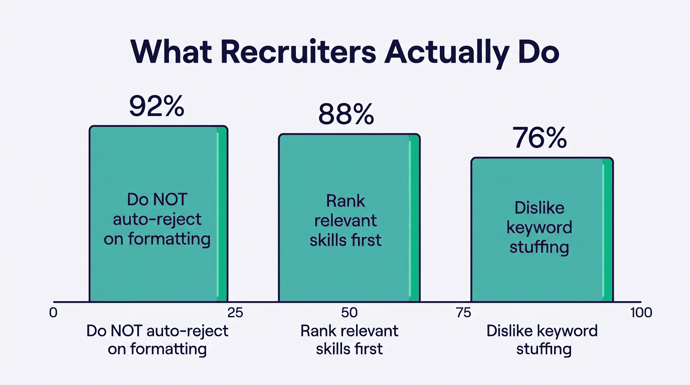 Bar chart of what recruiters actually do: 92% do not auto-reject on formatting, 88% rank skills first, 76% dislike keyword stuffing