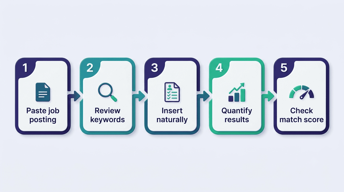 Five-step process to tailor a resume with an AI resume builder: paste job posting, review keywords, insert naturally, quantify results, check match score