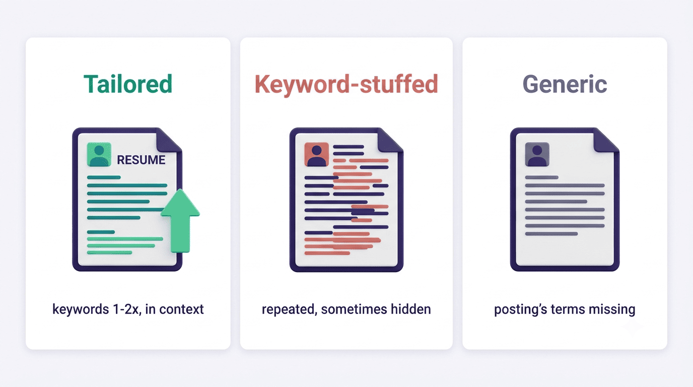 Comparison of a tailored resume, a keyword-stuffed resume, and a generic resume