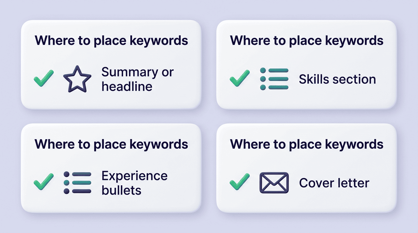 Checklist of where to place resume keywords: summary or headline, skills section, experience bullets, cover letter