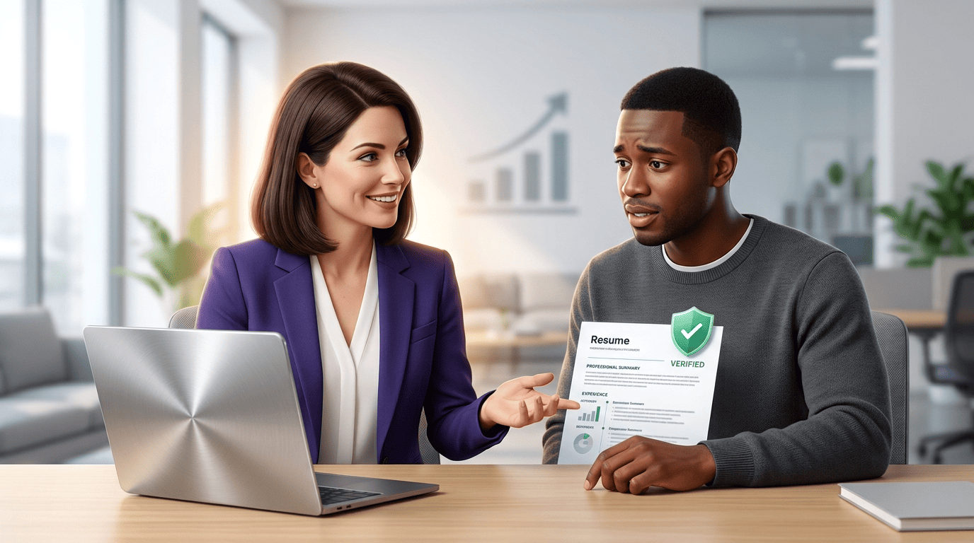 A career coach reassuring an anxious job seeker while a resume-builder app shows a verified, honestly built resume