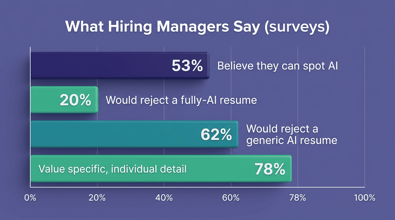 Bar chart of hiring-manager survey responses: 53% think they can spot AI, 20% would reject fully-AI, 62% reject generic AI, 78% value specifics