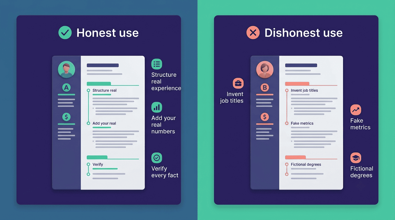 Split comparison of honest AI resume use (structure real experience, add real numbers, verify facts) versus dishonest use (invent titles, fake metrics, fictional degrees)