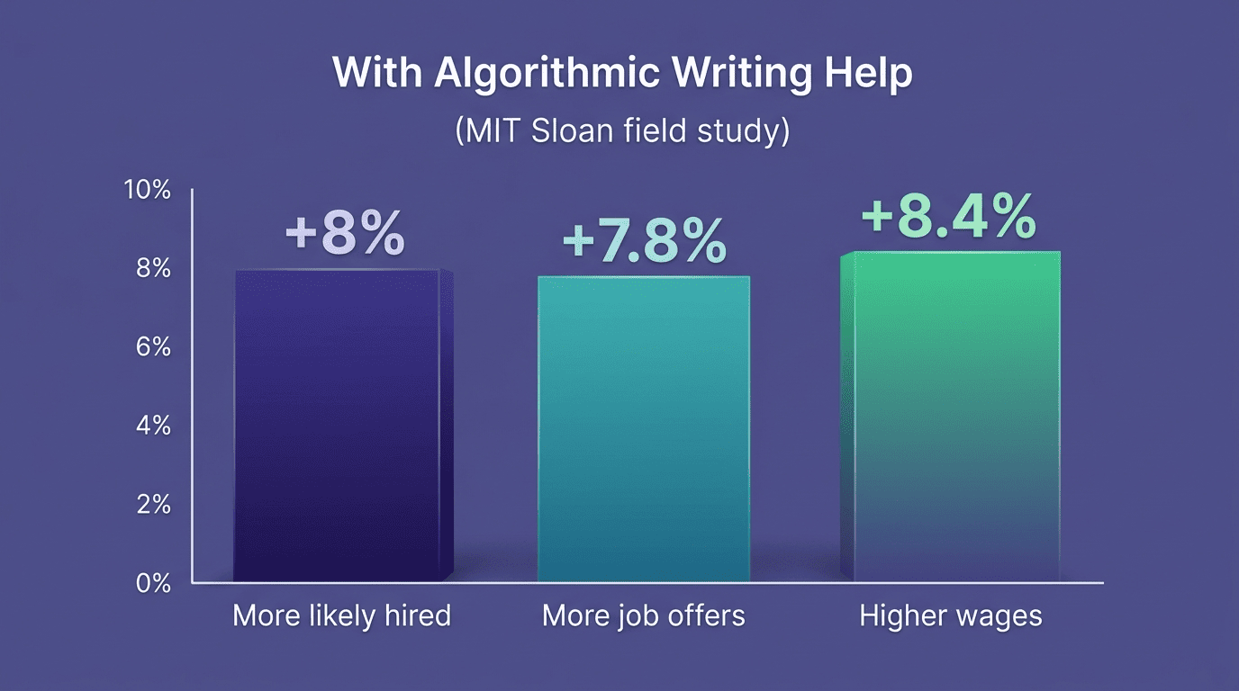 Bar chart of MIT Sloan field study outcomes with algorithmic writing help: +8% more likely hired, +7.8% more offers, +8.4% higher wages