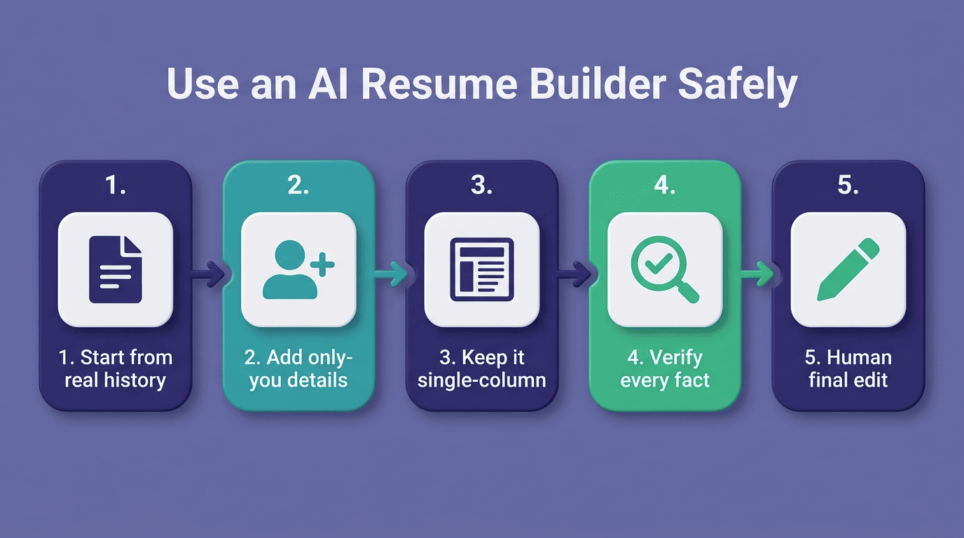 Five-step flow to use an AI resume builder safely: start from real history, add only-you details, keep it single-column, verify every fact, human final edit
